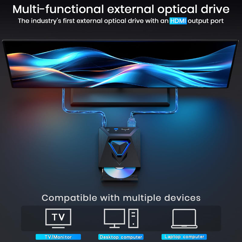 Dainty 6-in-1 CD DVD Drive for TV-External Mini CD/DVD Drive with HDMI AV Output, USB/TF Reader. Universal DVD Player forTV/Monitors/PCs/Laptops,Player for Home Theater Stereo System(Black) black