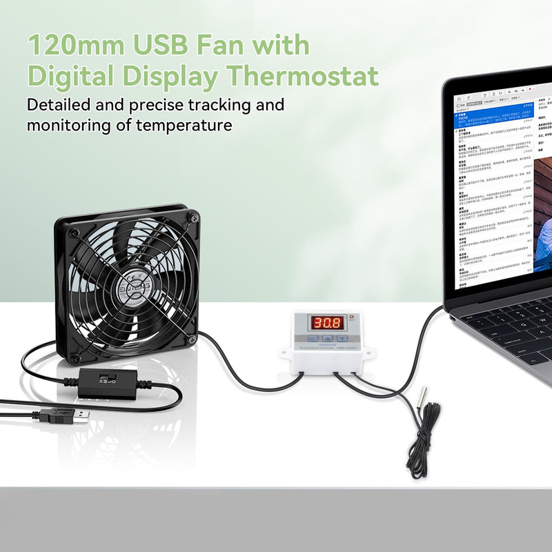 ELUTENG USB Fan 120 mm 5 V PC Fan Dual Ball Bearing with Digital Temperature Control, USB Fan 12 cm Case Fan with 3 Adjustable Speeds for PS5/Laptop/TV Box/AV Cabinet/Router 120mm Lüfter+Digitaler Temperaturregler