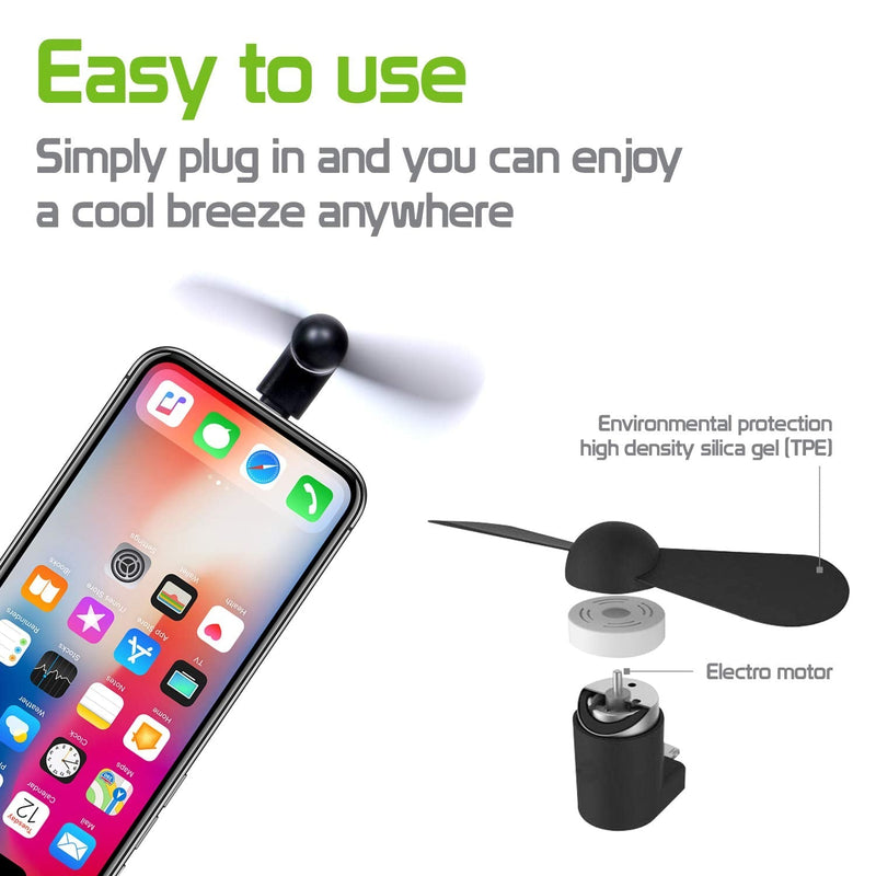 Cellet Mini Portable USB Fan Compatible with Apple iPhone 12 Pro Max mini 11 Max XS Max Xr X 8 7 6 5 and All Other Lighting Port - Black