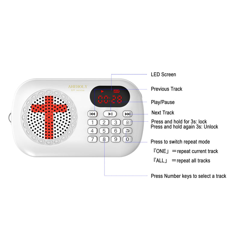 [AUSTRALIA] - KJV Audio Bible Player – Portable Electronic Bible Device, Offline Rechargeable Scripture Player with Simple Buttons for Seniors & Home Use, White 