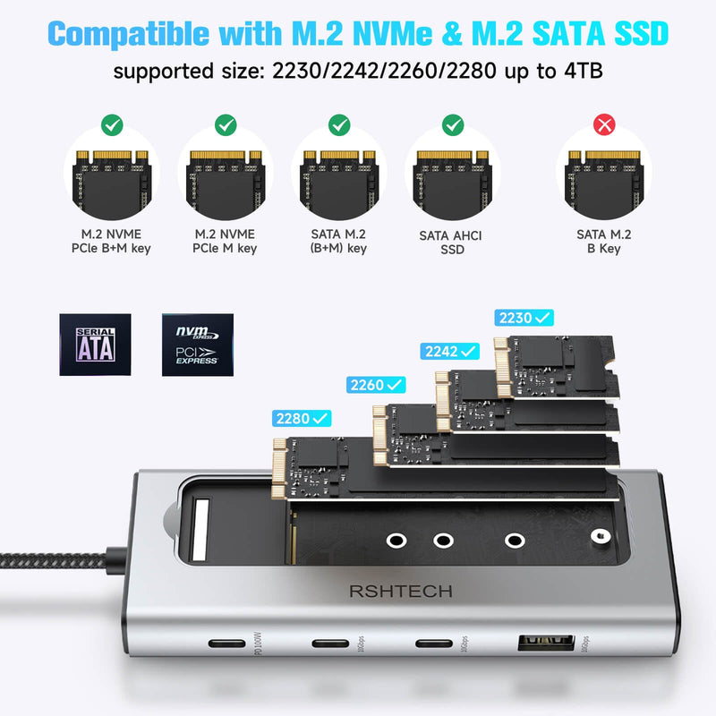RSHTECH 5-in-1 USB C Hub with M.2 NVMe/SATA SSD Enclosure | 10Gbps USB Data Ports (1A + 2C) and 100W Power Delivery, Aluminum USB-C Dock Dongle for MacBook, Laptops, RSH-D05P Silver