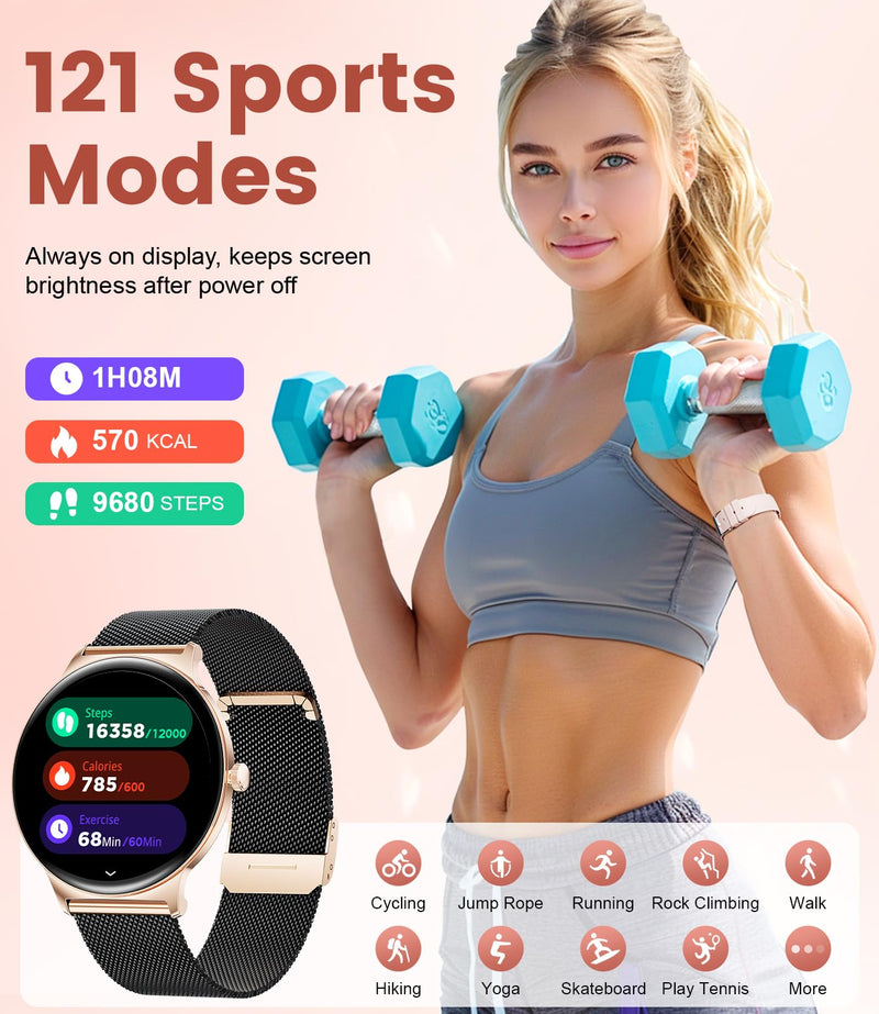 LIGE Smart Watch for Women(Dial/Answer Calls), 1.43" AMOLED HD Display, 100+ Sport Mode Fitness Tracker, 5ATM Waterproof/IP68/Sleep Smartwatch Womens, Ladies Smart Watches for iOS Android (Black Gold) Black Gold
