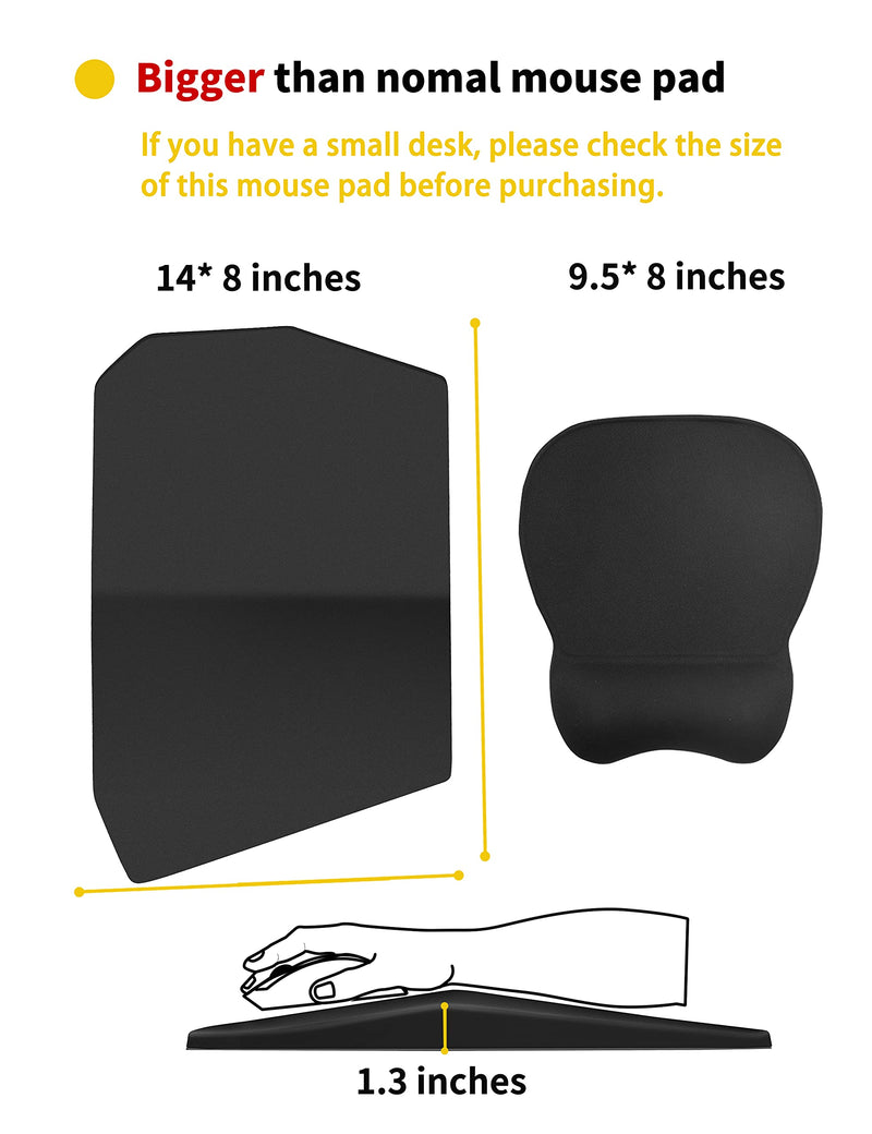 SOUNDANCE Ergonomic Mouse Pad with Wrist Rest Support, Thick Mousepad Relief Carpal Tunnel Pain, Entire Memory Foam with Non-Slip PU Gel Base for Computer Laptop Desktop Home Office, 14 x 8 Inch Black A-Black