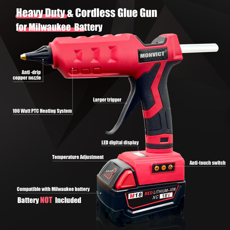 [AUSTRALIA] - MONVICT 100W Cordless Glue Gun for Milwaukee 18V Battery, Upgraded Digital Temperature Adjustable Handheld Electric Power Full Size Heavy Duty Hot Glue Gun with 10 Glue Sticks (Tools only) 810-MI 