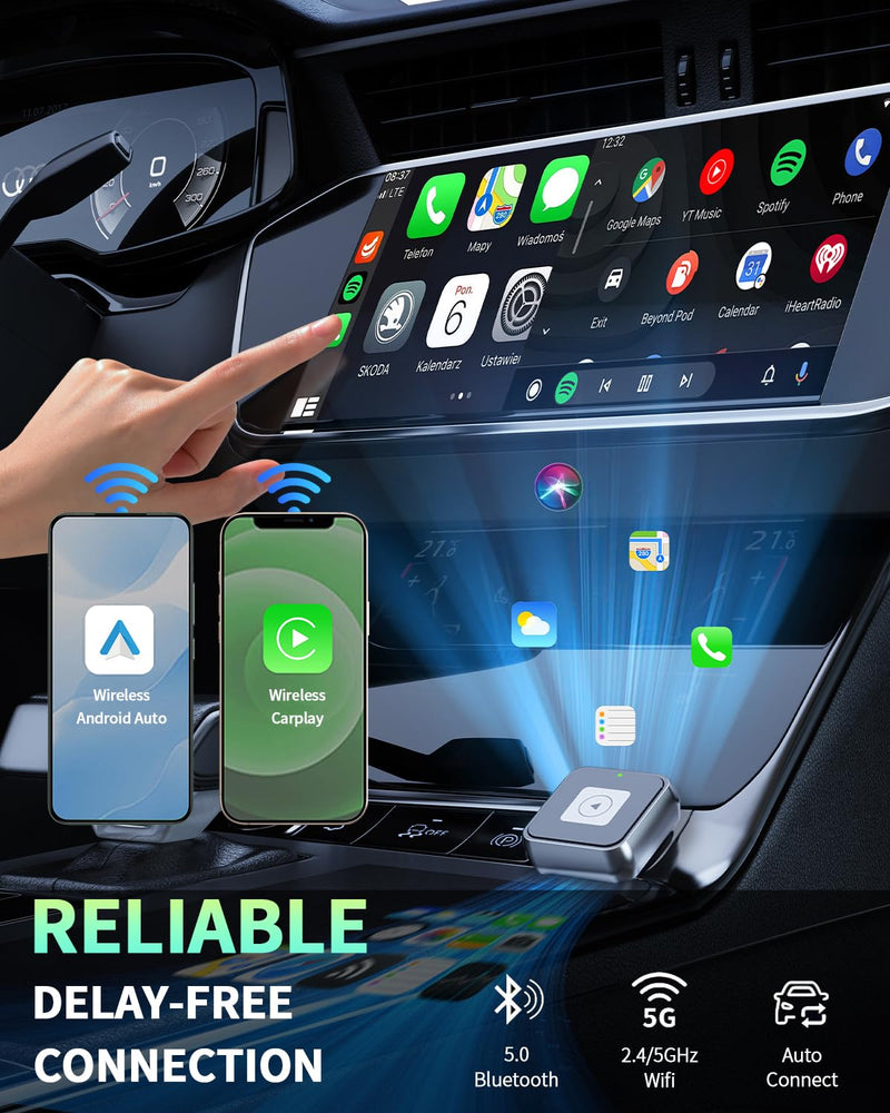 Wireless CarPlay & Android Auto Adapter 1-Inch (2.54cm) - Discreet Plug & Play, Stable Connection for Music/Navigation, Works with iPhone iOS 10+ & Android 11+,for 98% of Cars (2016-2025) (Silver) Silver