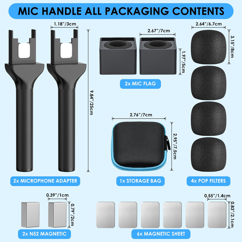 [AUSTRALIA] - Handheld Adaptor for Interview Mic, 2 Packs Wireless Mic holders for DJI/Rode/Hollyland Lark Lavalier, Universal Magnetic Microfono Stand with Foam Windshield & Flag Station for Interview/Vlogging 2 Pack 