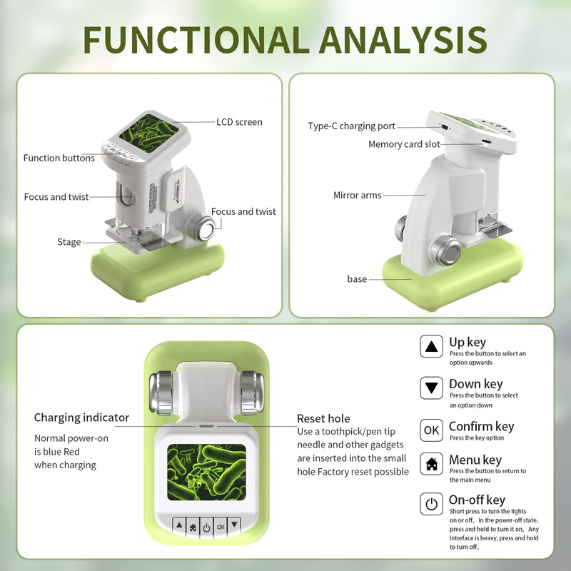 1200X Microscope for Kids 4K with 2 inch Screen STEM Digital Science Kit Rechargeable Handheld Mini Pocket Children Students Slides Portable Gift for Kids Ages 6 to 12 (Green) Green