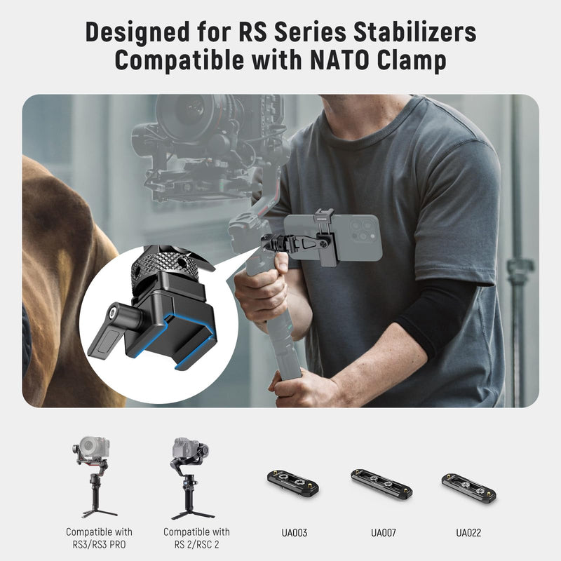 NEEWER Metal Phone Tripod Mount with Cold Shoe NATO Clamp Compatible with DJI RS5 RS4 RS3 Pro RS2 RSC2 Gimbal Stabilizer, 180° Tilt Phone Clip Holder Compatible with iPhone 15 Pro Camera Cage, GA010 GA010 with Nato Clamp
