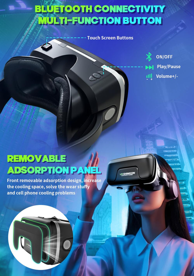 VR Headset with Built-in Headphones, 120° FOV & Aspherical Lenses for Smartphones - Immersive 3D Movies and Gaming Glasses
