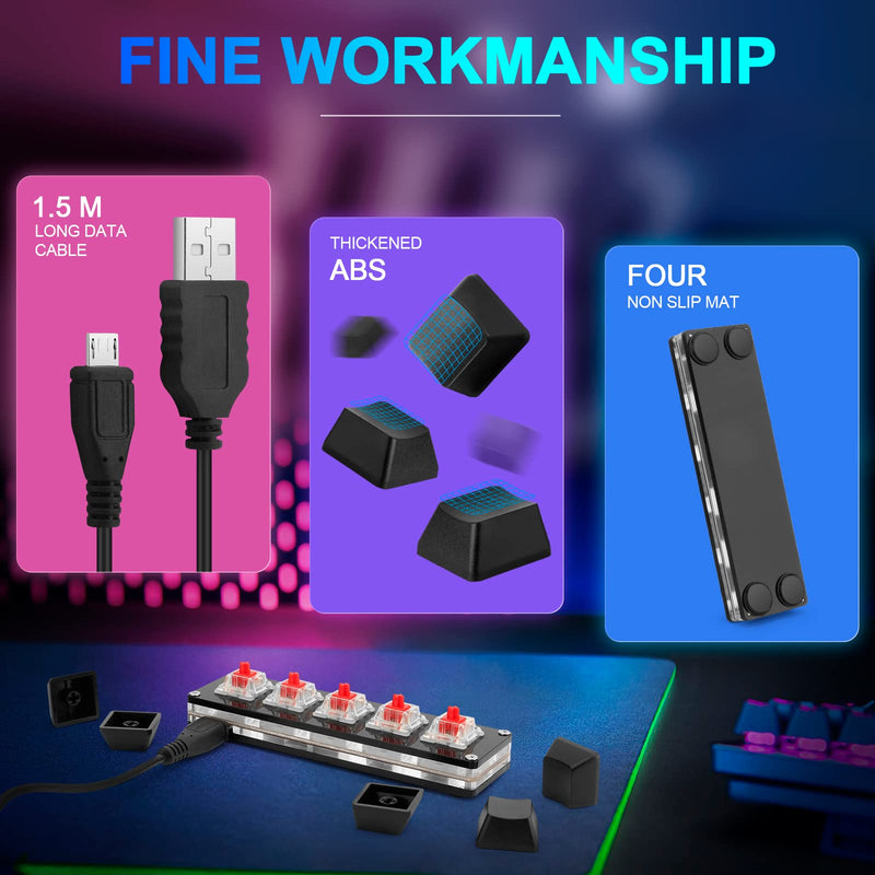 Ecarke Black 5 Keys Mini Macro Mechanical Keyboard Gaming Keypad with USB Data Cable for Windows Mac OSU HID Standard KeyboardUpgrade Cherry Shaft（Upgrade Cherry Shaft & RGB LED）