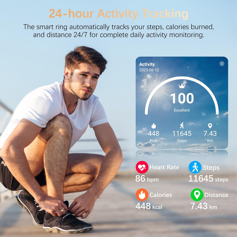 Fit Ring for Women Men, Ring Health Tracker with Heart Rate,Blood Oxygen,Heart Rate Variability, Stress, Sleep Monitor, Step Counter, Smart Ring for iPhone & Android, No Subscription Fee (Gold, 11#)