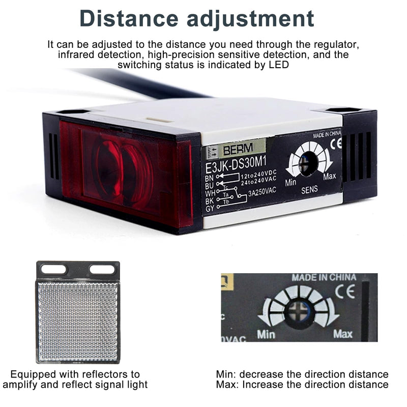 Jadeshay Photoelectric Sensor Switch, Reflector Light Barrier E3JK-R4M1 Photoelectric Beam Sensor 12-24 VDC Sensor for Photoelectric Barrier E3JK-R4M1 Induction Distance 0.1-4 m Adjustable