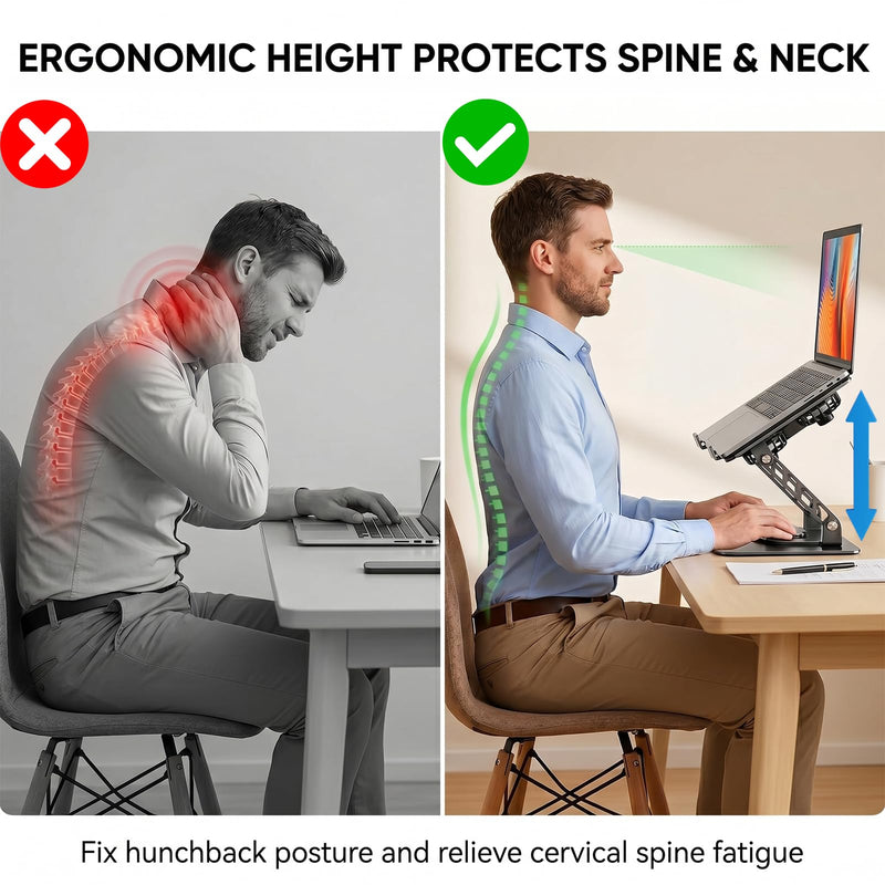 Laptop Stand with Cooling Fan, 360° Rotating Base Aluminum Laptop Riser, Foldable Ergonomic Computer Stand for Desk, Height Adjustable Notebook & All Laptops Up to 17.3" (Black) Black