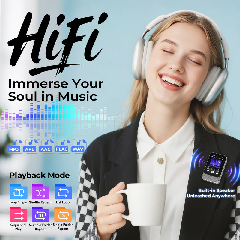 64GB Clip on MP3 Player with Bluetooth 5.3, Built-in Speaker, 2" HD Touchscreen, FM Radio, Voice Recorder, Portable Music Player for Running, Gym, Shuffle Audio Video, Up to 128GB MicroSD Card Gunmetal Grey