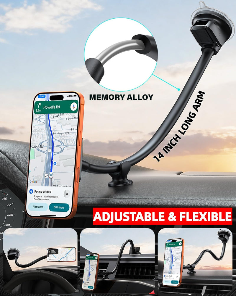 1Zero for Magsafe Car Phone Mount 14-Inch Gooseneck Long Arm Extension | Universal Windshield Dashboard Industrial-Strength Suction Cup Car Phone Holder with Strong Magnets (Upgraded for Magsafe) 2026 Upgraded for Magsafe