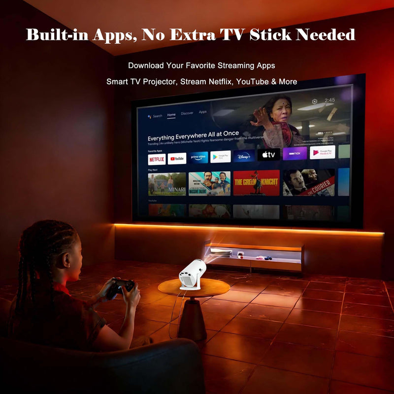 Smart Short Throw Projector with WiFi and Bluetooth, 210° Rotatable Mini Projector with Android System, Built-in Apps, Auto Keystone, Portable Ceiling Movie Projector for Bedroom & Outdoor Use Basic Edition