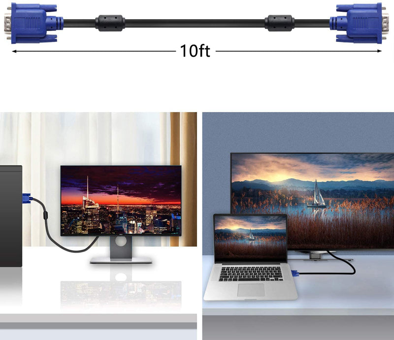 PASOW VGA to VGA Monitor Cable HD15 Male to Male for TV Computer Projector (10 Feet) 10 Feet