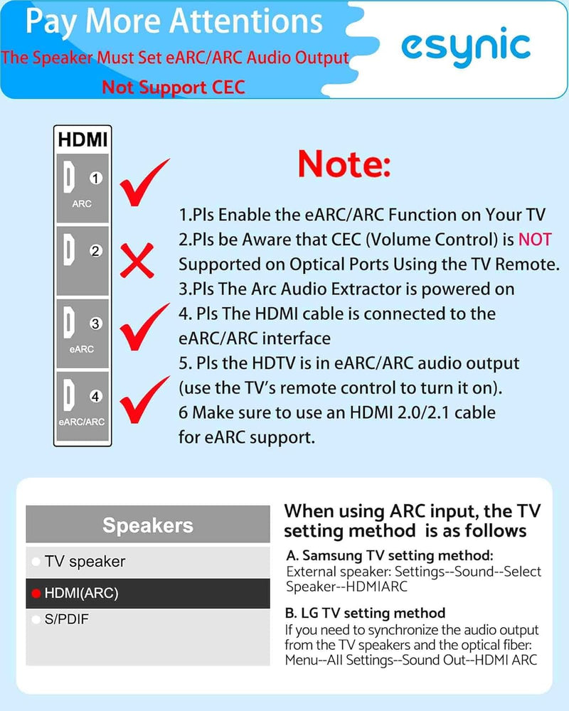 [AUSTRALIA] - eSynic 192KHZ eARC to Optical Converter-Integrated Cable Designed-5 ft Long-USB Powerd eARC/ARC Audio Extractor-Plug& Play-Dolby5.1 & DTS 5.1 Formats-Only from HDTV to Optical Soundbar-No CEC 
