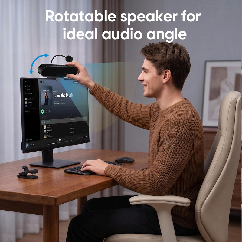 Inwa Computer Speakers with Microphone for Desktop PC, USB Wired Clip On Computer Sound Bar, Plug-n-Play Laptop Speaker w/Mic for Meeting/Gaming/Learning, Clear Audio, Easily Clamps to Monitors Black