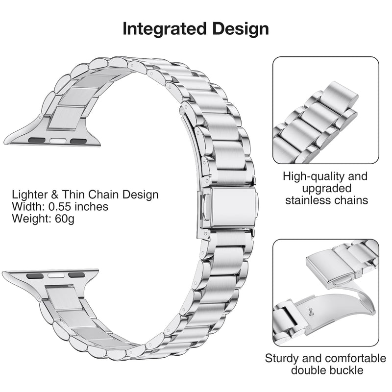 Slim Apple Watch Leather Band and Stainless Steel Metal Band for iWatch 38mm, 40mm, and 41mm，Black Silver+Metal Silver