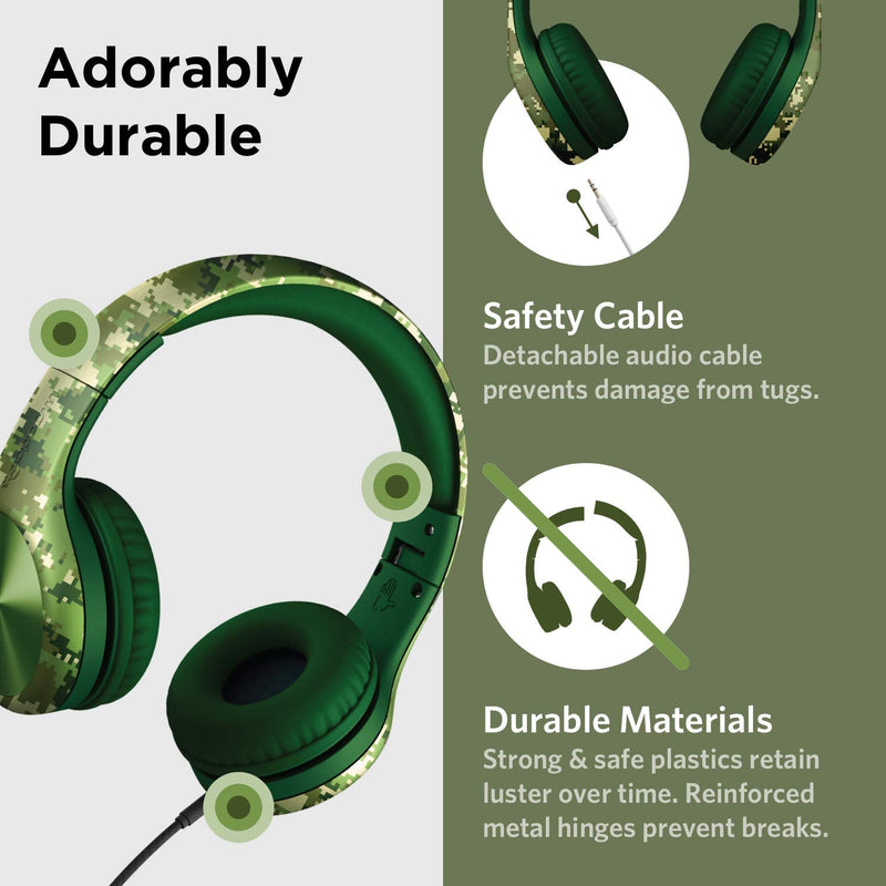LilGadgets Connect+ Pro Wired Kids Headphones for School with Microphone, Volume Limiting Over-Ear Headset with Cord, SharePort Technology & SoftTouch Padding, Green Digital Camo Printed