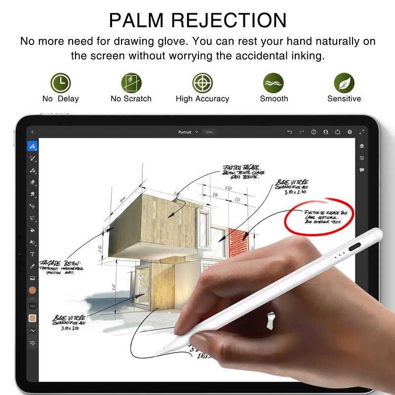 Stylus Pen for iPad 2018-2023, Fast Charging Pencil (1st Generation) with Tilt Sensitivity & Palm Rejection, Magnetic Pen for iPad Air 3/4/5, iPad Mini 5/6, iPad 6/7/8/9/10, iPad Pro 11"/12.9" Cool White