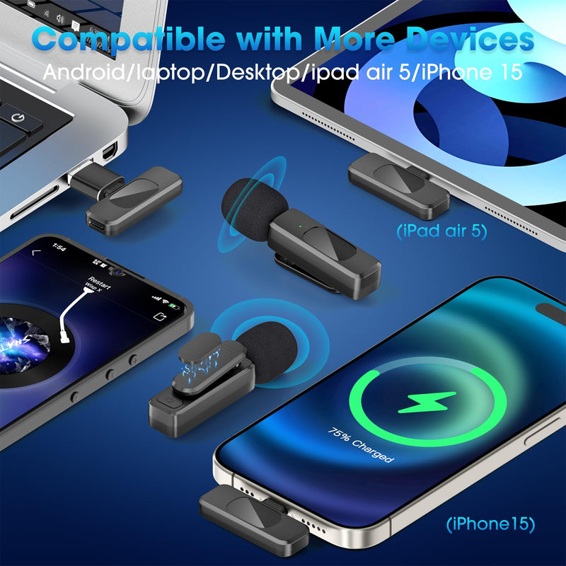 Wireless Lavalier Microphone for iPhone 15,Android Phone,Laptop,PC,Professional Mini Microphone with Noise Reduction,Lapel Microphone for Video Vlog,Interviews,Live Streaming,TikTok,YouTube,2Pack