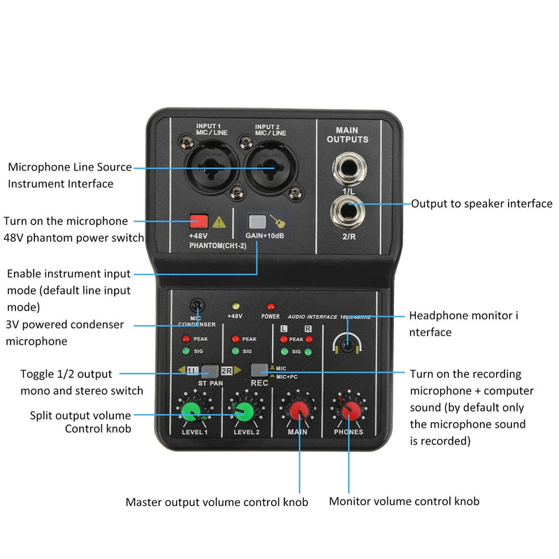 2 Channels Audio Mixer, Sound Card USB 48V Power Compact Sound Mixing Console, USB Soundcard for PC Recording for Music Recording Home Karaoke Internet Karaoke