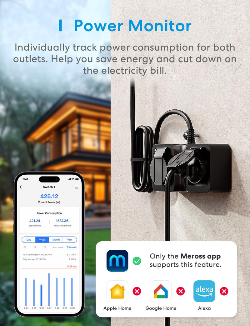 Meross Matte WiFi Socket Outdoor with Current Measurement, Smart Socket Electricity Meter for Balcony Power Station Outdoor Socket Waterproof IP44, Works with HomeKit, Alexa and Google, 16 A, 1.5 m Matte outdoor socket