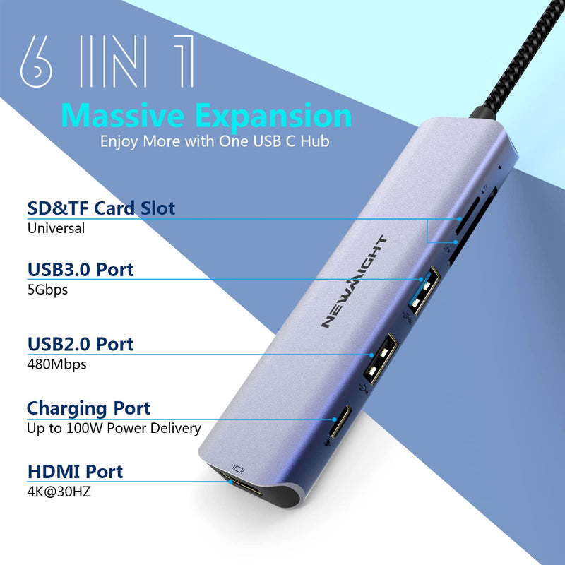 USB C Hub USB-C to HDMI Adapter - Newmight 6 in 1 USB C Docking Station with 100W Power Delivery HDMI 4K@30HZ USB3.0 Fast Data Transfer SD/TF Card Reader, for MacBook and Other Type C Devices