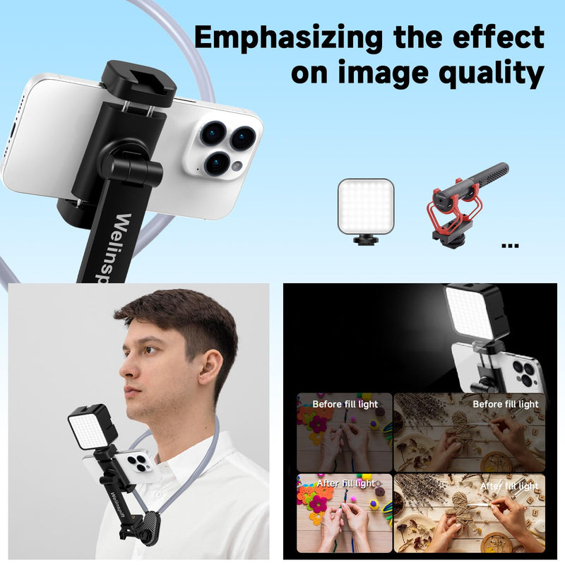 Premium Neck Phone Holder with Fill Light & Remote- POV/Vlog Chest Phone Tripod Mount w/ Anti-Shake Strap for Hands-Free Recording – Compatible with iPhone 16 15 14 13 12 Series, Andriod Cell Phones