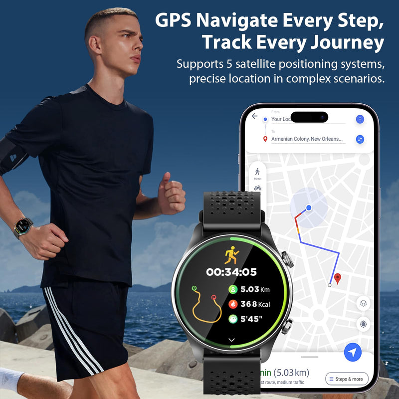 GPS Smart Watch Men Women, 30m Waterproof for Android iPhone | Running Watch Men Bluetooth Call, 1.43" Round AMOLED Display, Heart Rate/Sleep/SpO2 Monitor, 100+ Sport Modes Step Counter Black+Black