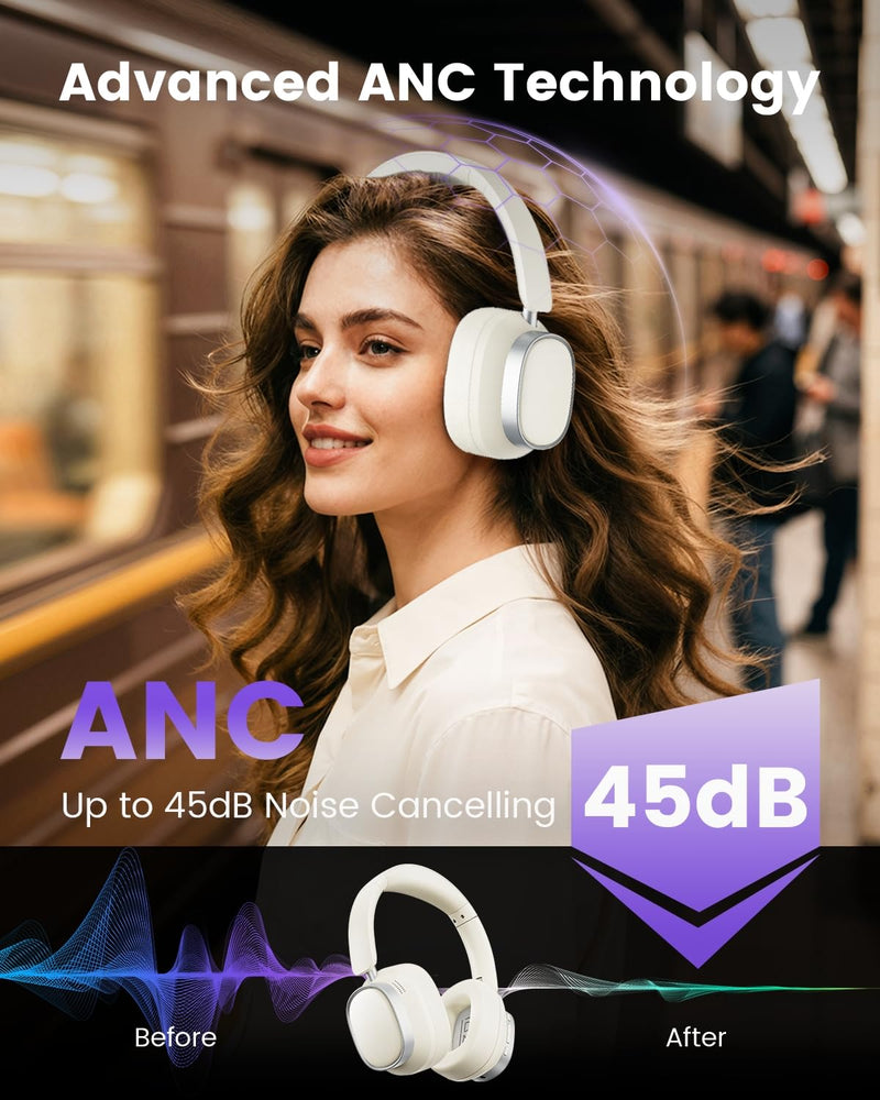 Active Noise Cancelling Headphones,78H Wireless Bluetooth Headphones | Over-Ear Headset,Bluetooth 6.0,Hi-Res,Low Latency,Foldable,Built-in Microphone,Ideal for Travel,Home,Office,Cellphone,PC Wheat White
