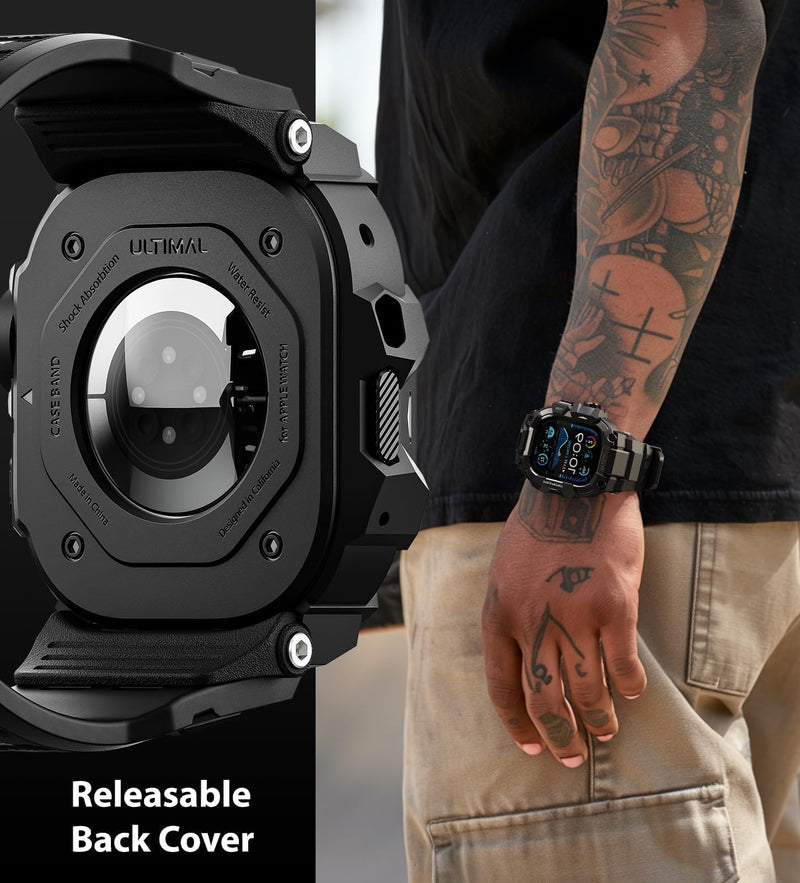 ULTIMAL Rugged Case with Band for Apple Watch 49mm,Compatible with Apple Watch Ultra 3/2/1, Military Grade Shockproof Bumper Cover for iWatch Tactical Band Men (Black, 49mm) Black