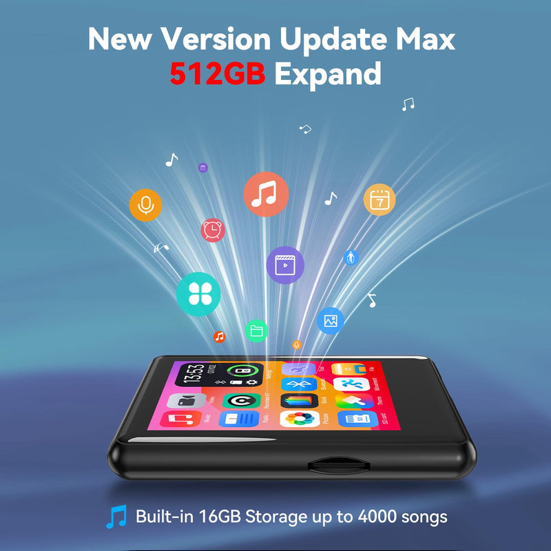 [AUSTRALIA] - MP3 Player with Bluetooth 5.4,Portable Music Player with Speaker,FM Radio,Voice Recording,for Kids, Full Touch Screen Easy to Use,Max 512GB Expand, Earphones Included 16GB 