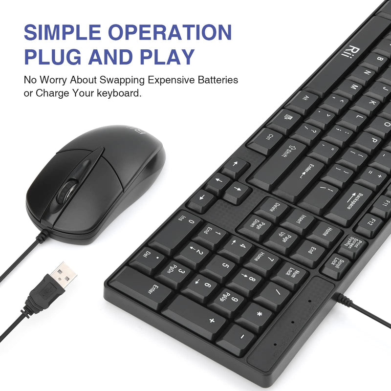 Basic Keyboard and Mouse,Rii RK203 Ultra Full Size Slim USB Basic Wired Mouse and Keyboard Combo Set with Number Pad for Computer,Laptop,PC,Notebook,Windows and School Work(1 Pack) 1 PACK