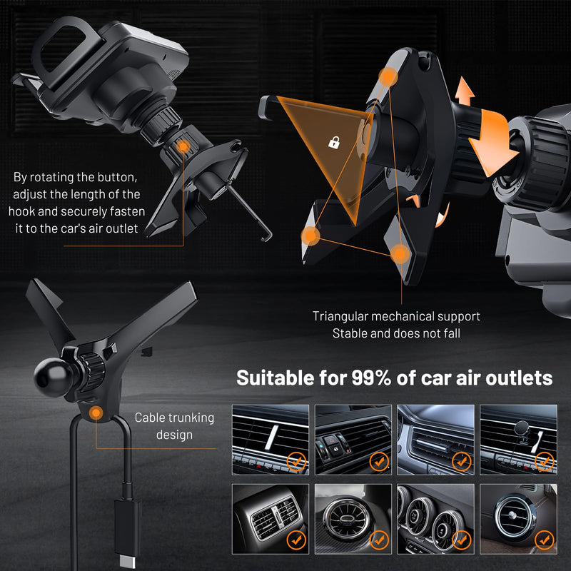 High Intelligent Mobile Phone/Pad Holder, 2 in 1 Auto Rotating Phone Holder, Car Charger Fast Charging, One-Touch Rotatable Car Vent Mount for Smartphone/Pads, Including Foldable Phones (Black)