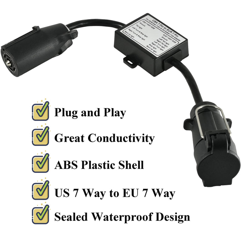 [AUSTRALIA] - Oyviny USA to EU Trailer Light Converter US Vehicle 7-Way Blade Socket Adapter to European Trailer 7-Pin Round Connector Plug and Play Trailer Converter Waterproof (Color:Black) 