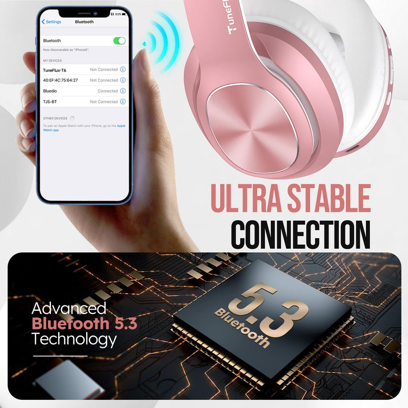 Wireless Bluetooth Headphones Over Ear, 80H Playtime, 3EQ Sound Modes, HiFi Stereo Headphones with Deep Bass, Foldable Bluetooth 5.3 Headphones for Smartphone/PC/Computer-Rose Gold Rose Gold