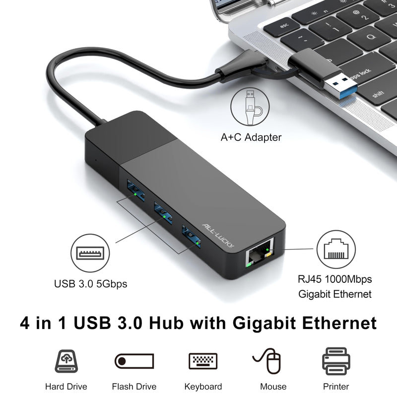 USB A/C to Ethernet Adapter, 3xUSB3.0 and 1000M RJ45 Network hub for Laptop | Plug & play 4-in-1 USB C Hub, Gigabit LAN for Mac/Chrome/XPS & USB-C phones/iPad, 3 USB-A ports for mouse/keyboard/USB fan. 1FT -4 in 1 USB A/C to Ethernet Adapte