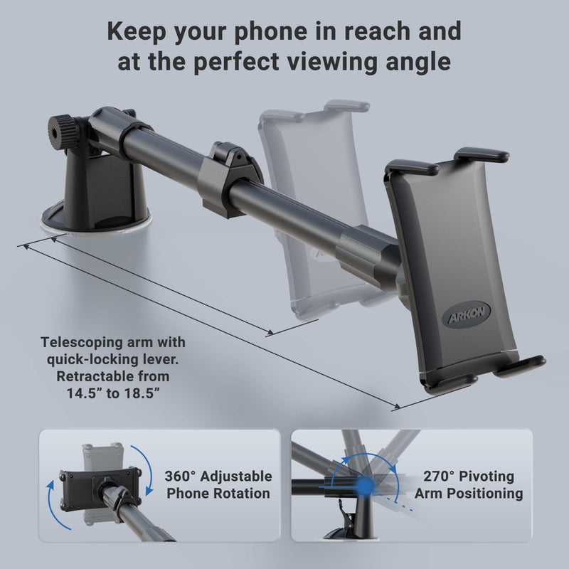 ARKON Mounts Slim-Grip Ultra Windshield Car Phone Mount | Universal Fit Phone Holder | Strong Suction Hold | Arm Extends for Long Dashboards | Compatible with iPhone, iPad Mini, Galaxy, and more