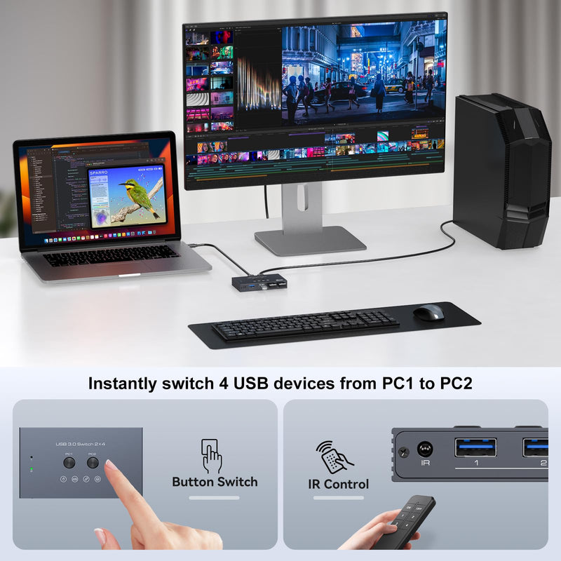 USB 3.0 Switch 2 Computers Share 4 USB Devices with IR Remote 4 Port Hub USB KVM Control 5Gbps Data Sharing for Keyboard Mouse Printer Scanner Deep gray