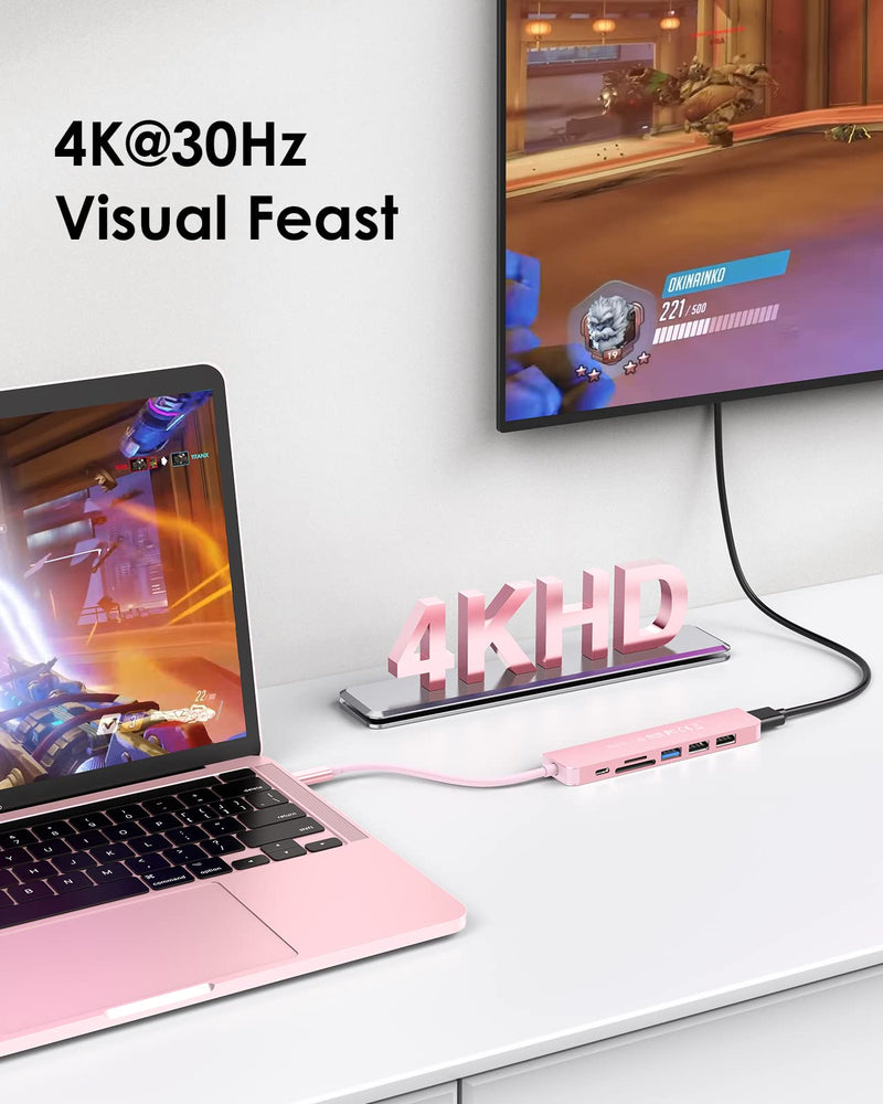 LENTION USB C Hub with 100W Charging, 4K HDMI, Dual Card Reader, USB 3.0 & 2.0 Compatible 2023-2016 MacBook Pro, New Mac Air/Surface, Chromebook, More, Stable Driver Adapter (CB-CE18, Rose Gold)