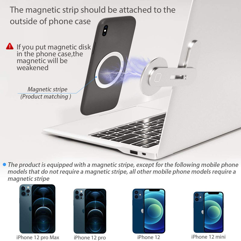 Magnetic Phone Holder for Laptop Designed for iPhone 15/14/ 13/12 MagSafe, Adjustable Phone Monitor Side Mount, Slim Portable Foldable Computer Expansion Bracket, Silver Sliver