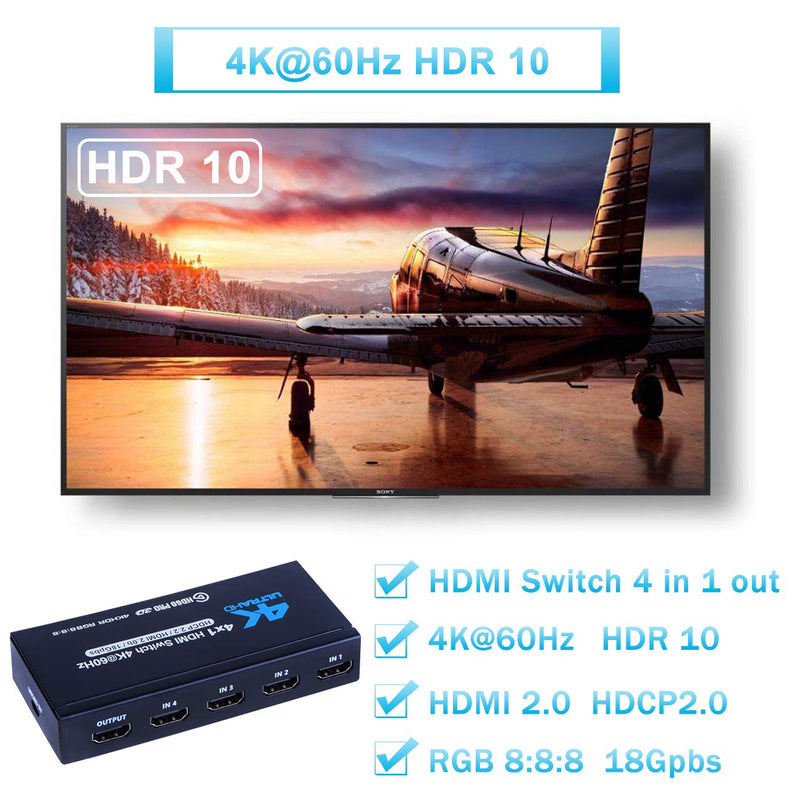 4K HDMI Switch 4x1, 4K@60Hz 4 in 1 Out HDMI Switcher Selector with IR Remote Control, Supports HDCP 2.2 4K@60Hz UltraHD HDR10 3D HD1080P Dolby DST, HDMI Splitter for PS4 Xbox Apple TV Fire Stick