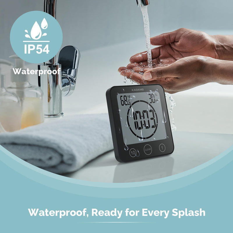 [AUSTRALIA] - KADAMS Shower Clock Waterproof Bathroom Timer – Digital Wall Clock with Countdown, Magnetic Kitchen Clock with Temperature & Humidity, Suction Cup for Kids Shower Spa Cook Bath (Black) Black 
