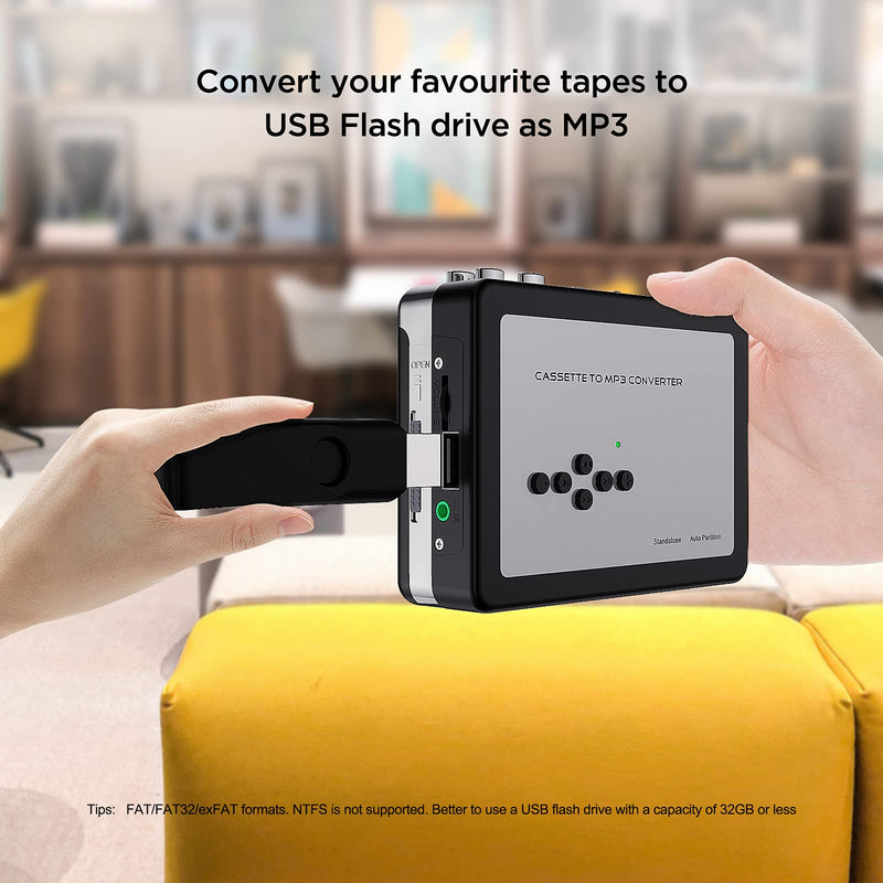 Ezcap USB Cassette Tape to MP3 Converter, Digital Tape Player Cassette Capture Converts Tape to MP3 into USB Flash Drive, No PC Required No Bluetooth Black