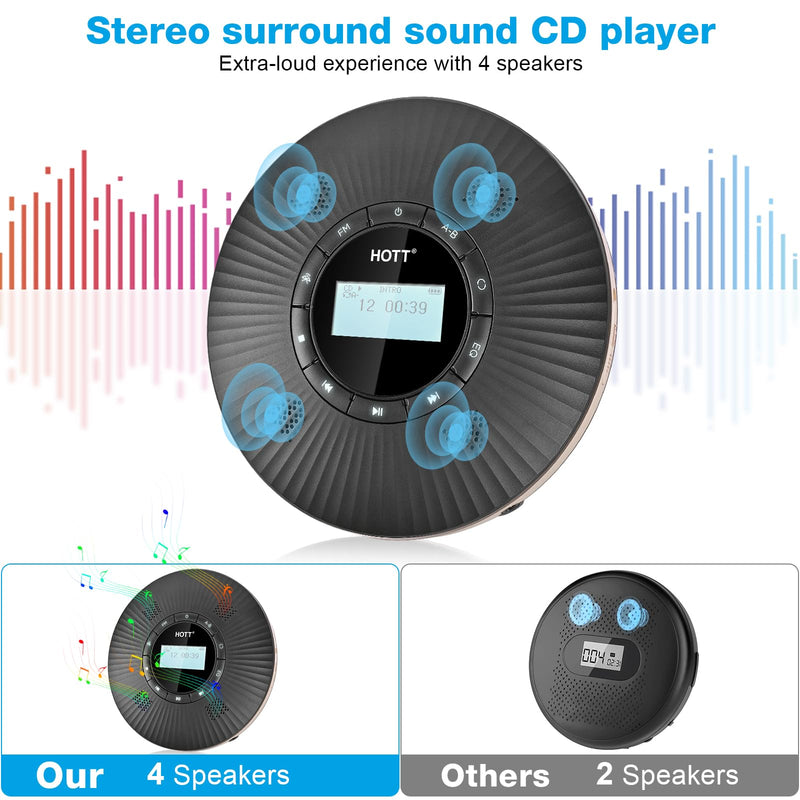 HOTT CD Player Portable with 4 Speakers, Portable CD Player with 5.3 Bluetooth and FM Transmitter with Big LCD Screen Rechargeable 1800mAh Small Walkman CD Players with Headphones for Car Home Travel C228 Black