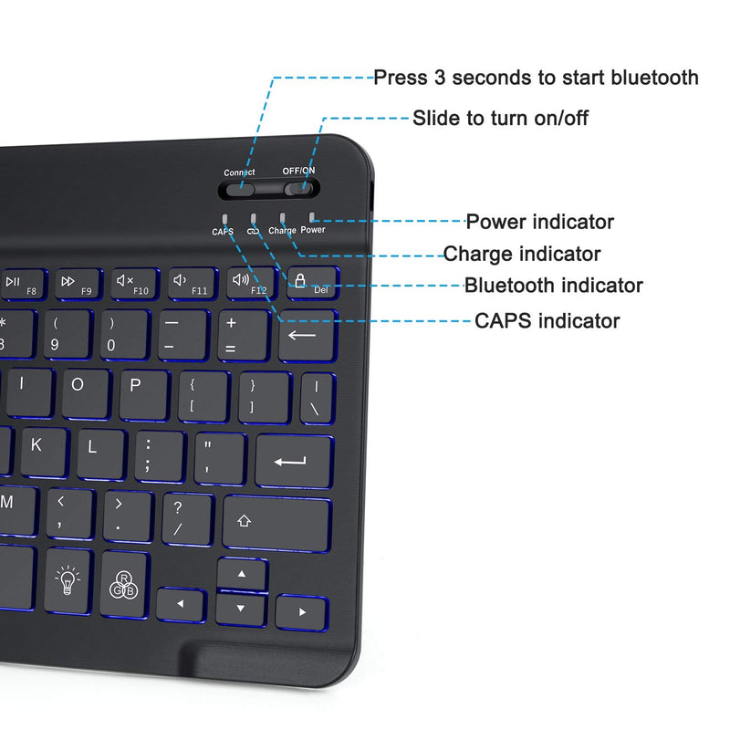 OMOTON Bluetooth Keyboard, Wireless Rechargeable Keyboard for iPad, iPad Pro, iPad Mini, iPad Air with Illuminated LED (Black) Black