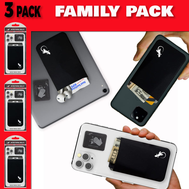 Gecko Travel Tech 3 Pack Phone Wallet Stick on- Phone Card Holder Black - Cellphone Accessories Universal fits Any Cellphone - cardholder Stretchy - Phone Card Holder Wallet (x3 Black/White BLACK WHITE - 3 PACK